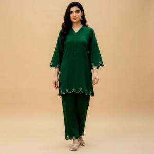Petal Grace Deep Green - Embroidered 2 Piece Cord Set - ZAR