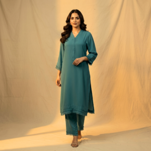 Solace Teal Green Fringe design 2 Piece Co ord Set Stitched