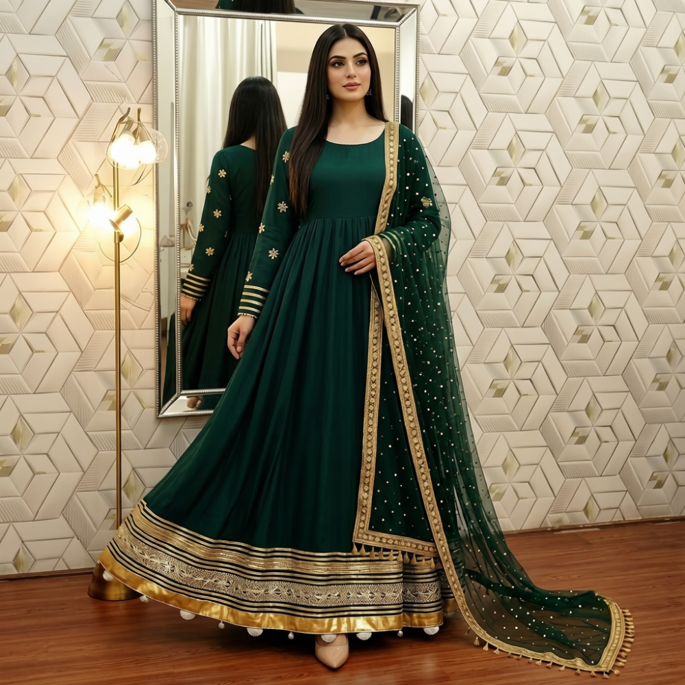 Stitched Trendy Formal Wear Frock 2 Piece with Goti Work